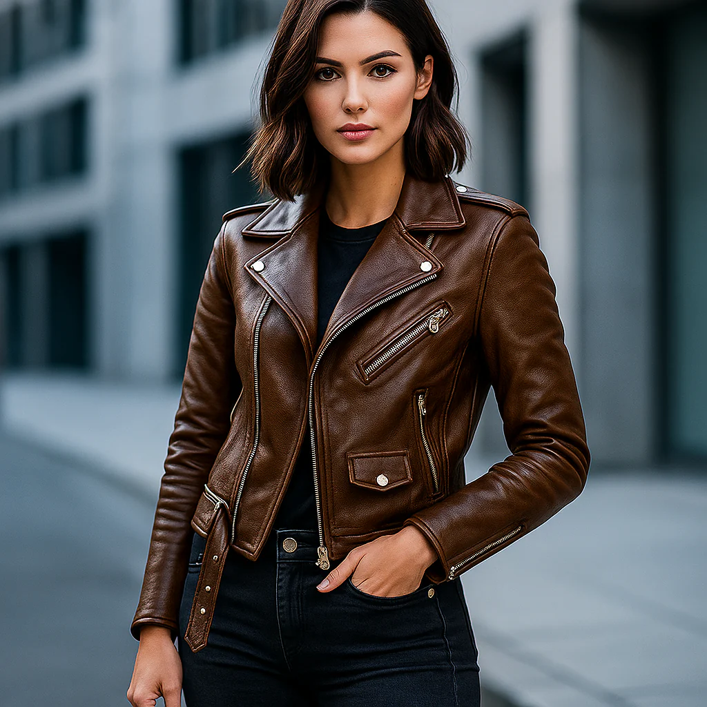 Veste en Cuir | Femme, Marron, Vintage | Style Biker, Coupe Ajustée