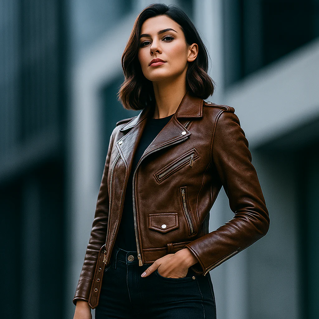 Veste en Cuir | Femme, Marron, Vintage | Style Biker, Coupe Ajustée - Image 2