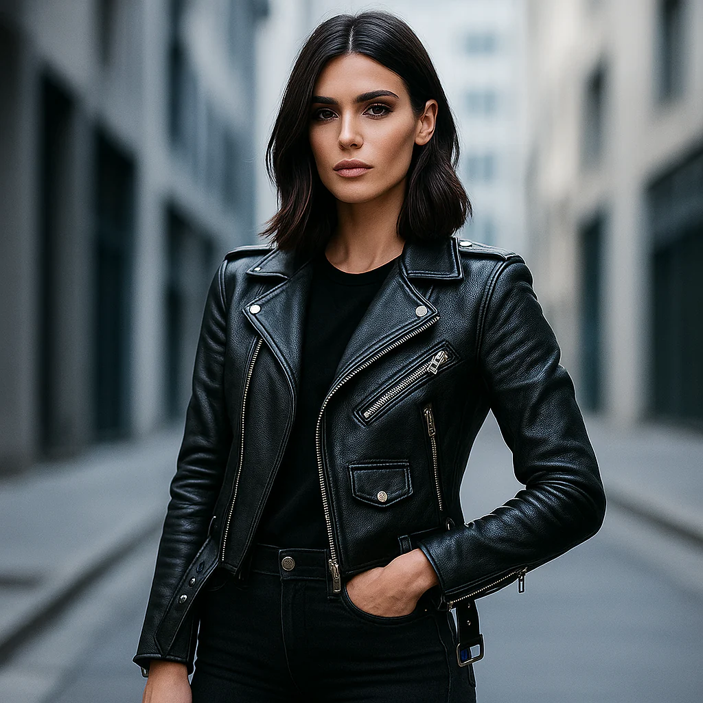 Veste en Cuir | Femme, Marron, Vintage | Style Biker, Coupe Ajustée - Image 3