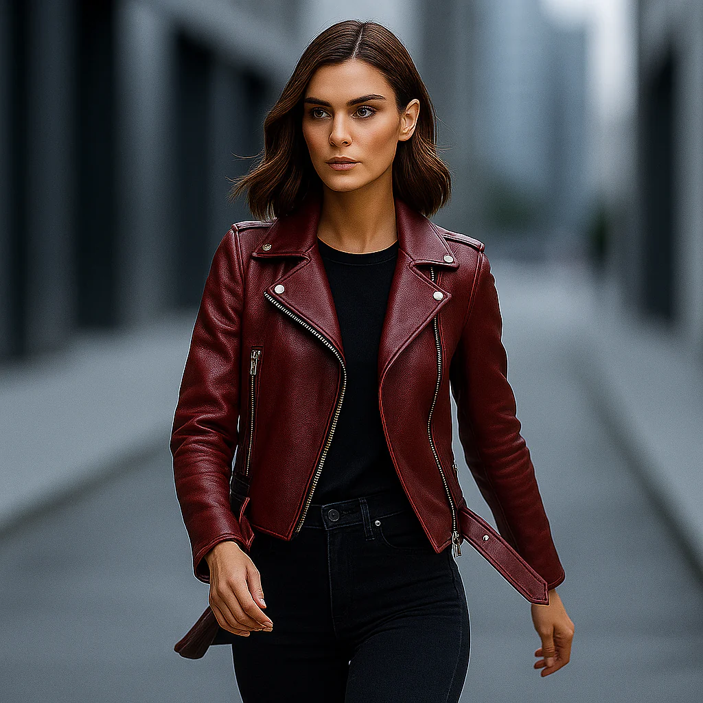 Veste en Cuir | Femme, Marron, Vintage | Style Biker, Coupe Ajustée - Image 8