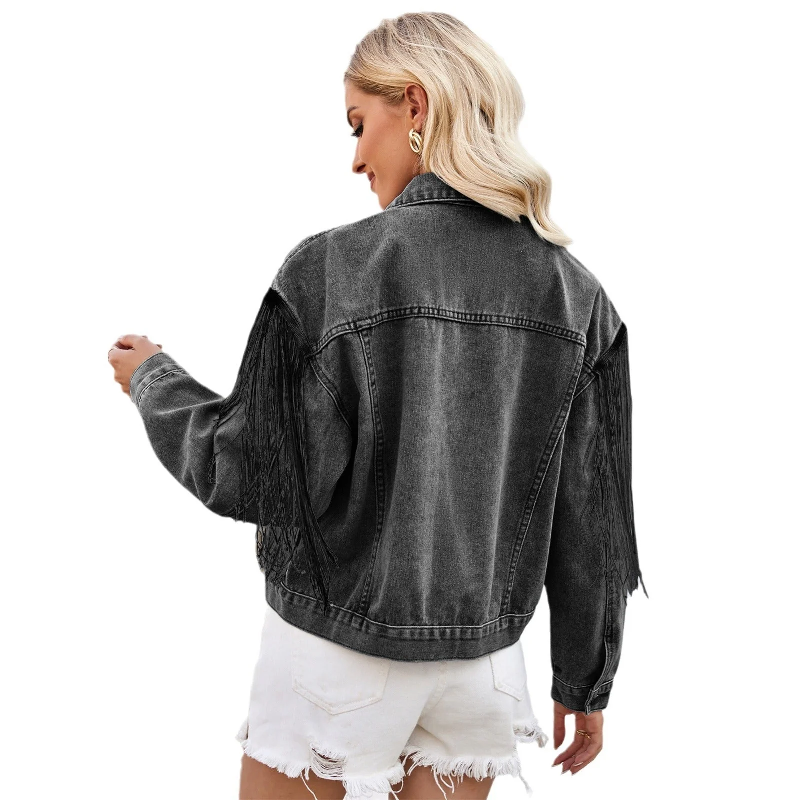 Veste en denim pour femme avec détail de design effiloché - Image 5