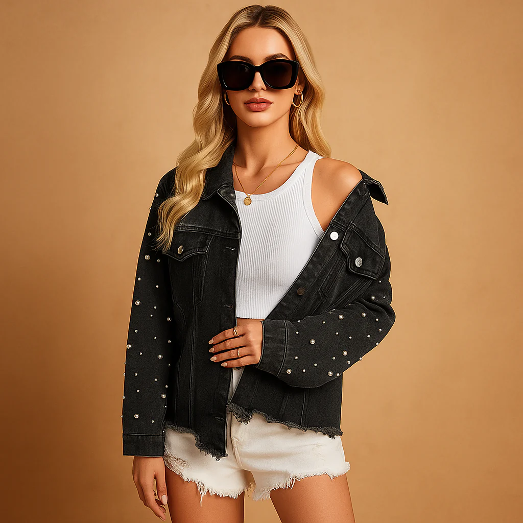 Veste en jean avec perles tendance - Image 3