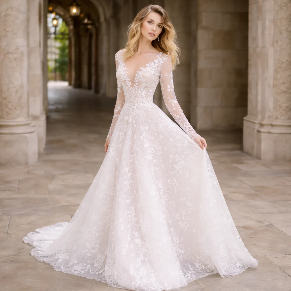 Robe de Mariée | Dentelle Semi-Ajustée | Blanc Élégant - Image 5