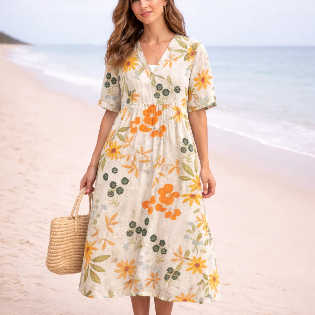Robe Midi Fleurie Femme | Encolure V | Style Plage Décontracté - Image 3