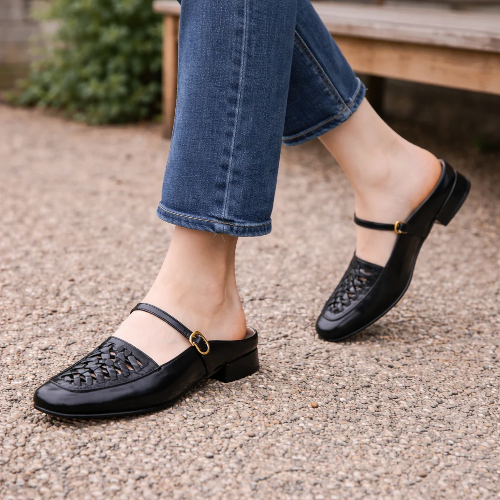 Mules Mary Jane pour femmes | Cuir tressé bout carré | Marron, Noir - Image 3