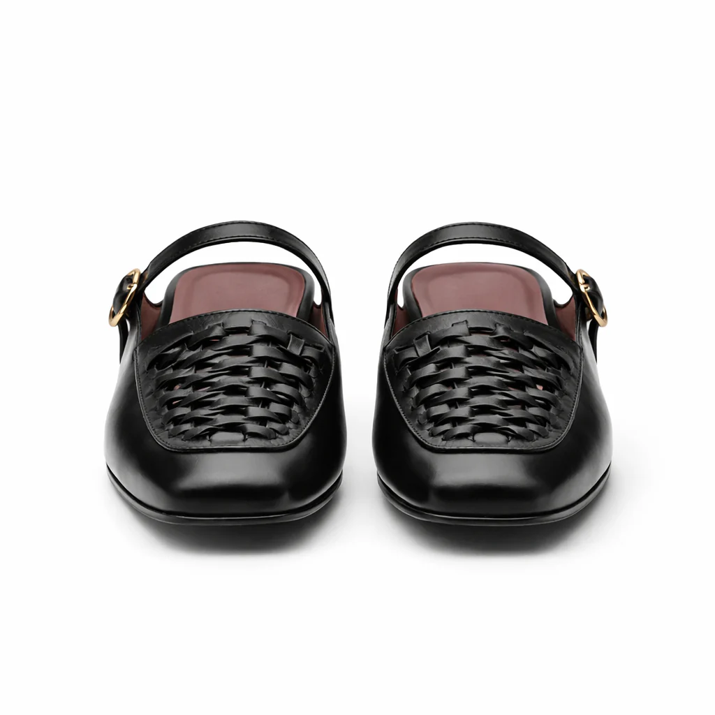 Mules Mary Jane pour femmes | Cuir tressé bout carré | Marron, Noir - Image 4