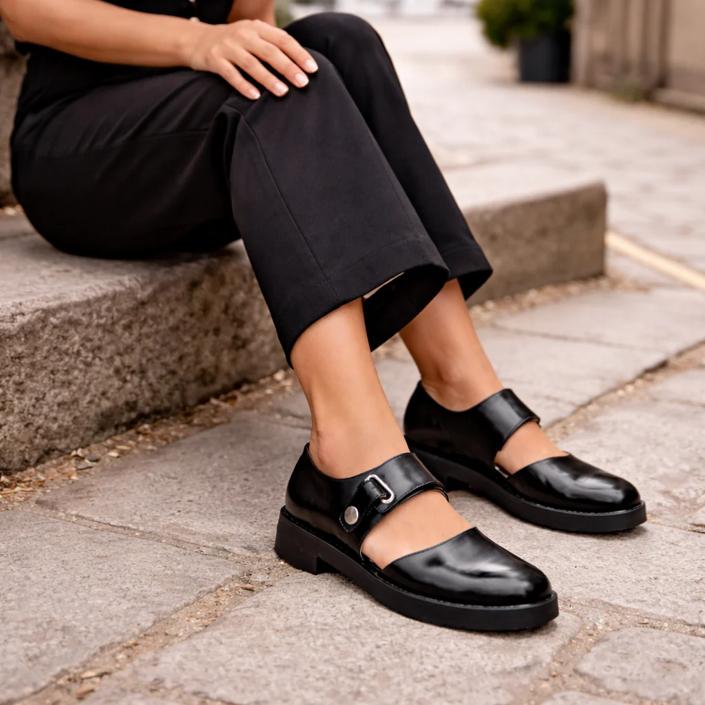 Chaussures Mary Jane pour femmes | Cuir noir, sangle boucle | Ballerines confortables plates - Image 3