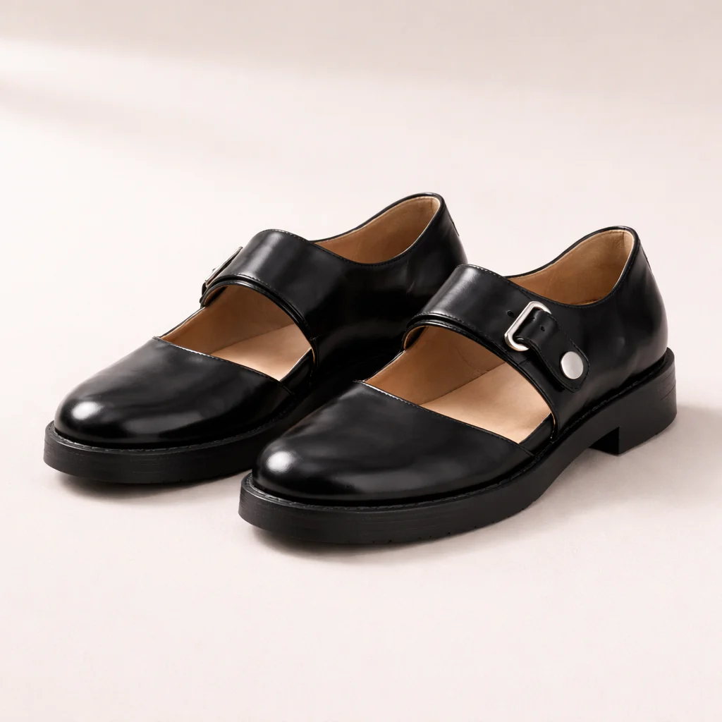 Chaussures Mary Jane pour femmes | Cuir noir, sangle boucle | Ballerines confortables plates - Image 4