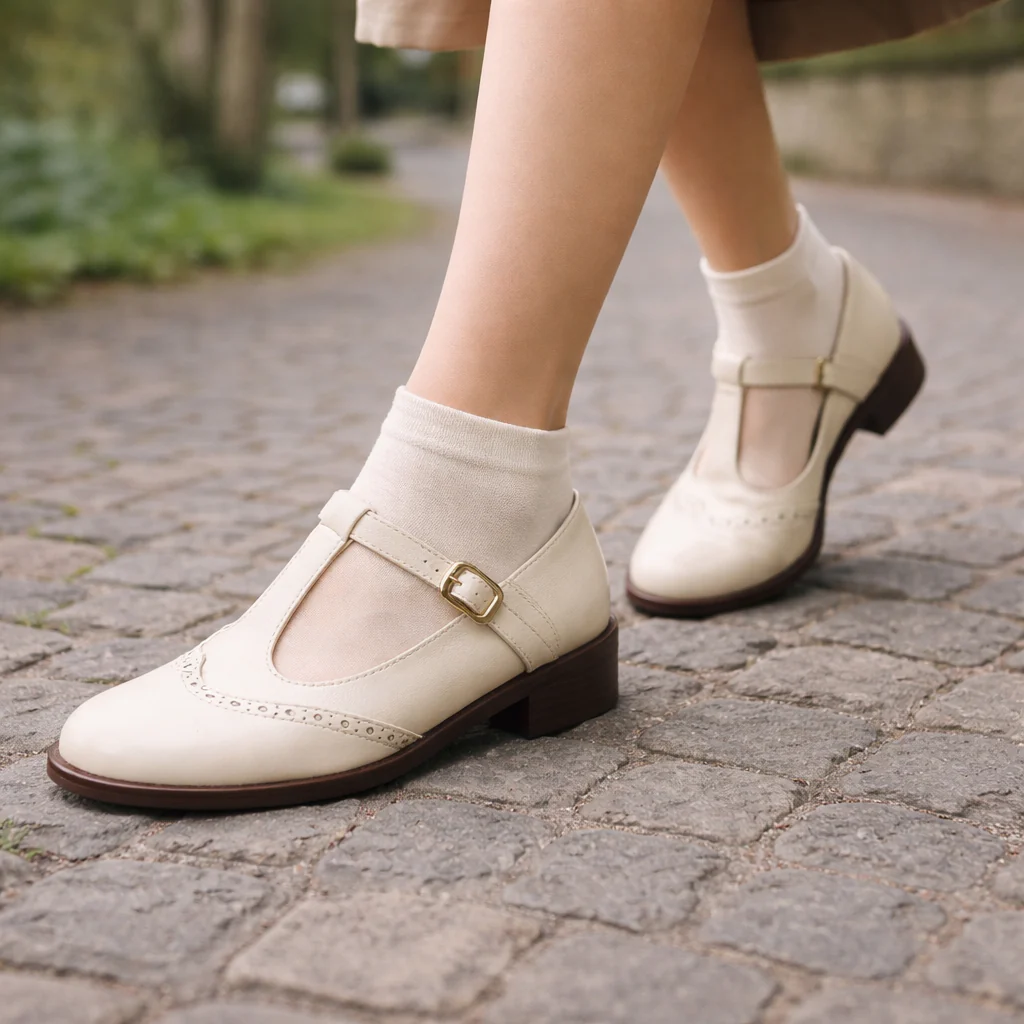 Chaussures Mary Jane pour femmes | T-Strap, talon bas | Détail Brogue