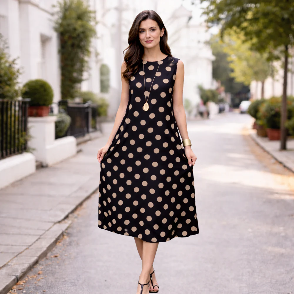 Robe Maxi à Pois pour Femme | Contrôle du Ventre, Fluide | Noir - Image 2