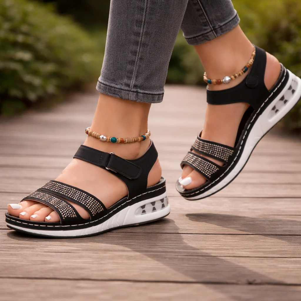 Sandales Compensées Femme | Lanières Strass | Confort, Style Gladiateur